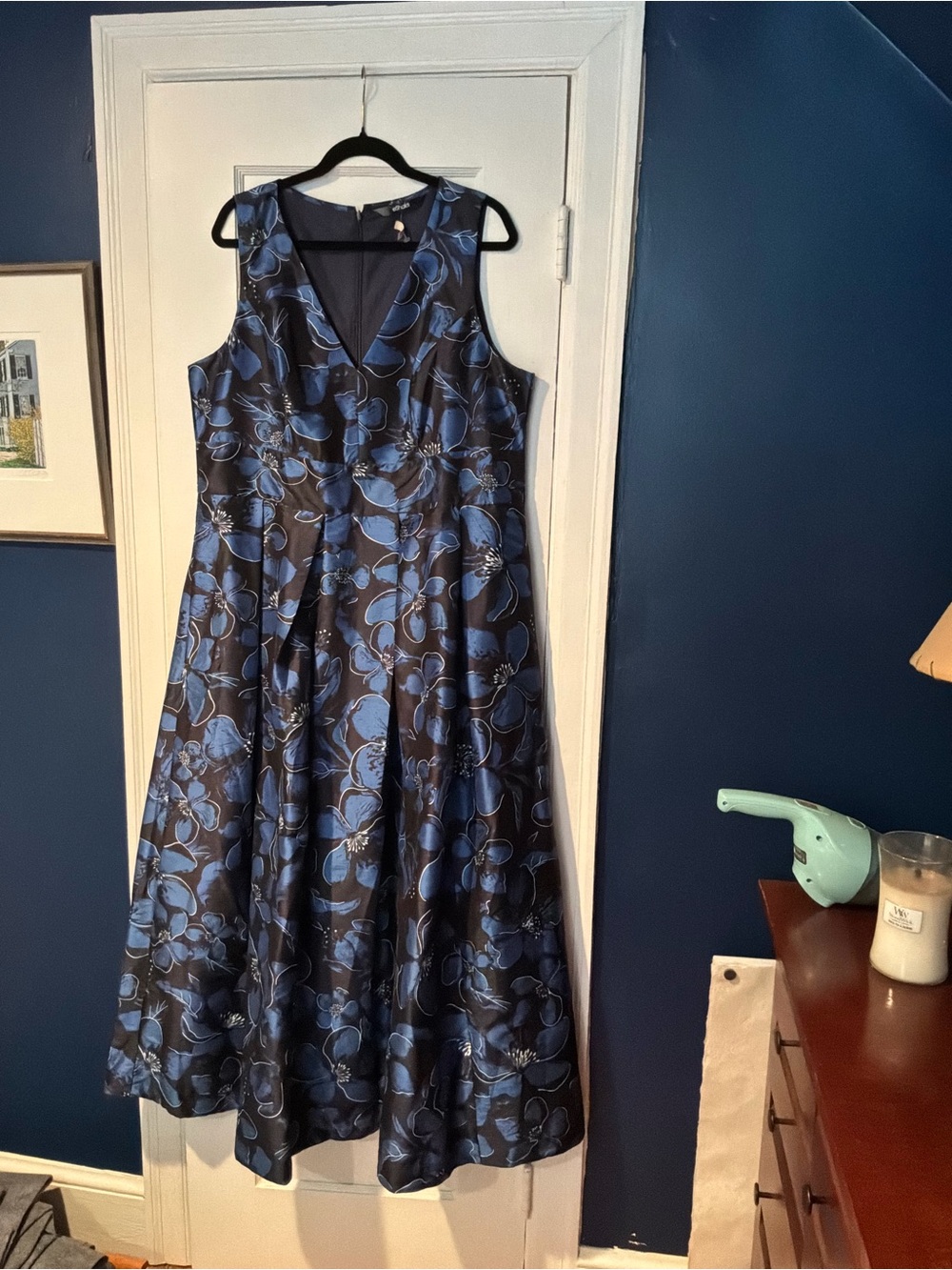 eshakti Navy and Blue Floral V‑Neck A-Line Dress